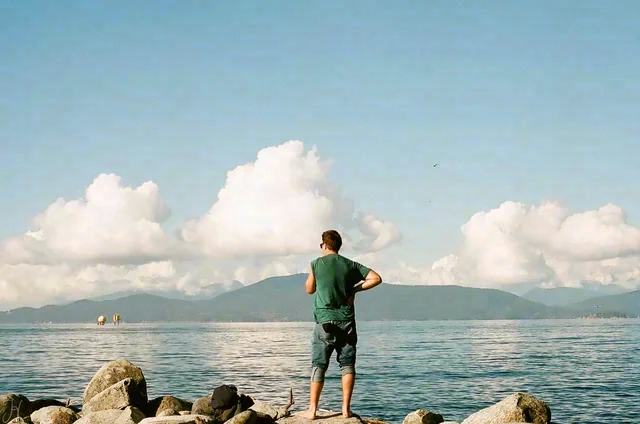 A person in a green shirt stands on shoreline rocks, looking toward distant mountains and clouds over the water.