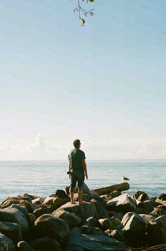 A person in a green shirt stands on shoreline rocks beneath a broad pale blue sky, with a bird nearby.